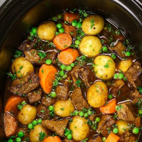 Slow cooked beef with potatoes and veg