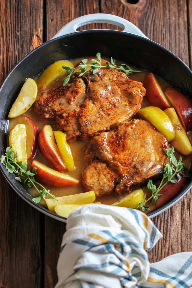 Roast pork with glazed apple and mustard