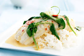 Chinese style chilli fish with mix greens and steam rice