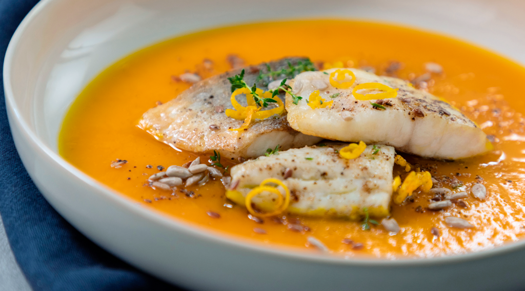 Pumpkin poached white fish fillet with seasoned veg rice